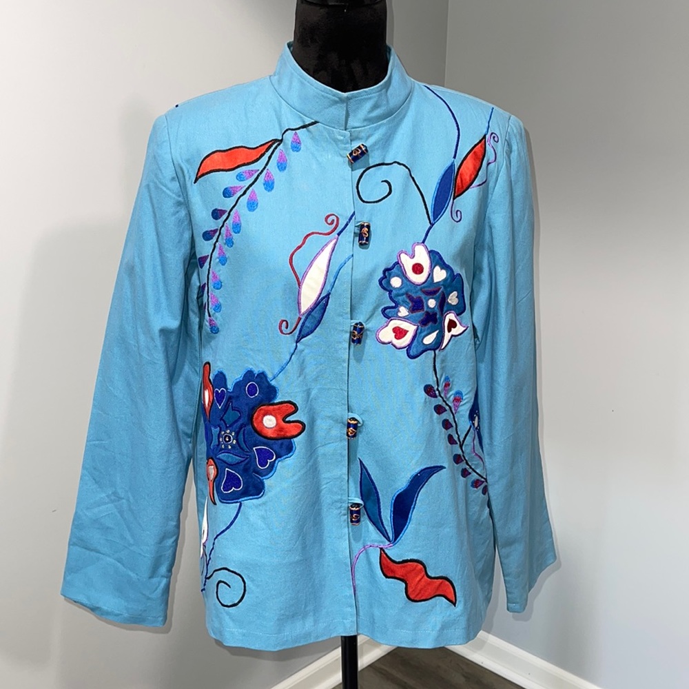 Vintage Julia Kim Art to Wear Cotton jacket size medium blue floral